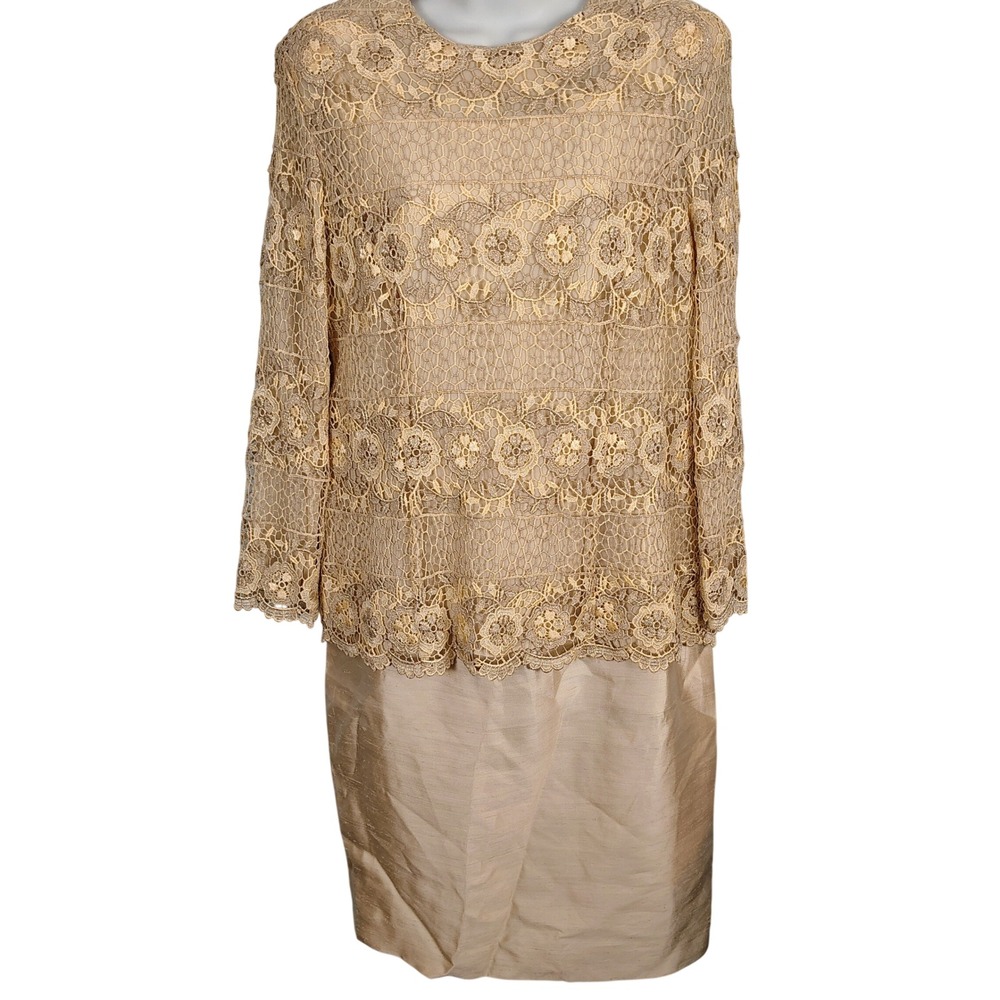 Anne Crimmins Umi Collections vintage Gold Metallic Lace Silk Blend Dress 14